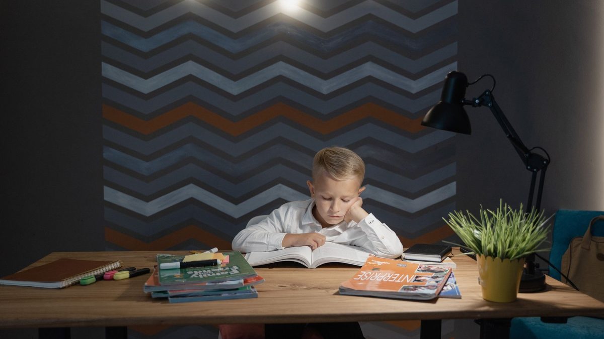An open textbook and notebook lit by a warm desk lamp late at night
